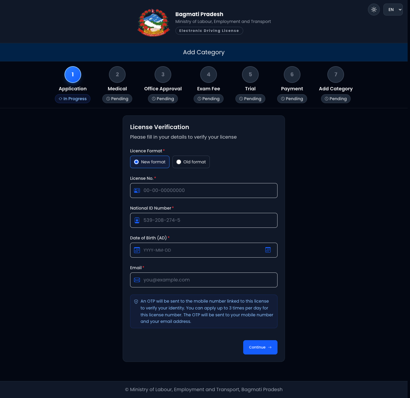 Licence verification — Add Category (EN)