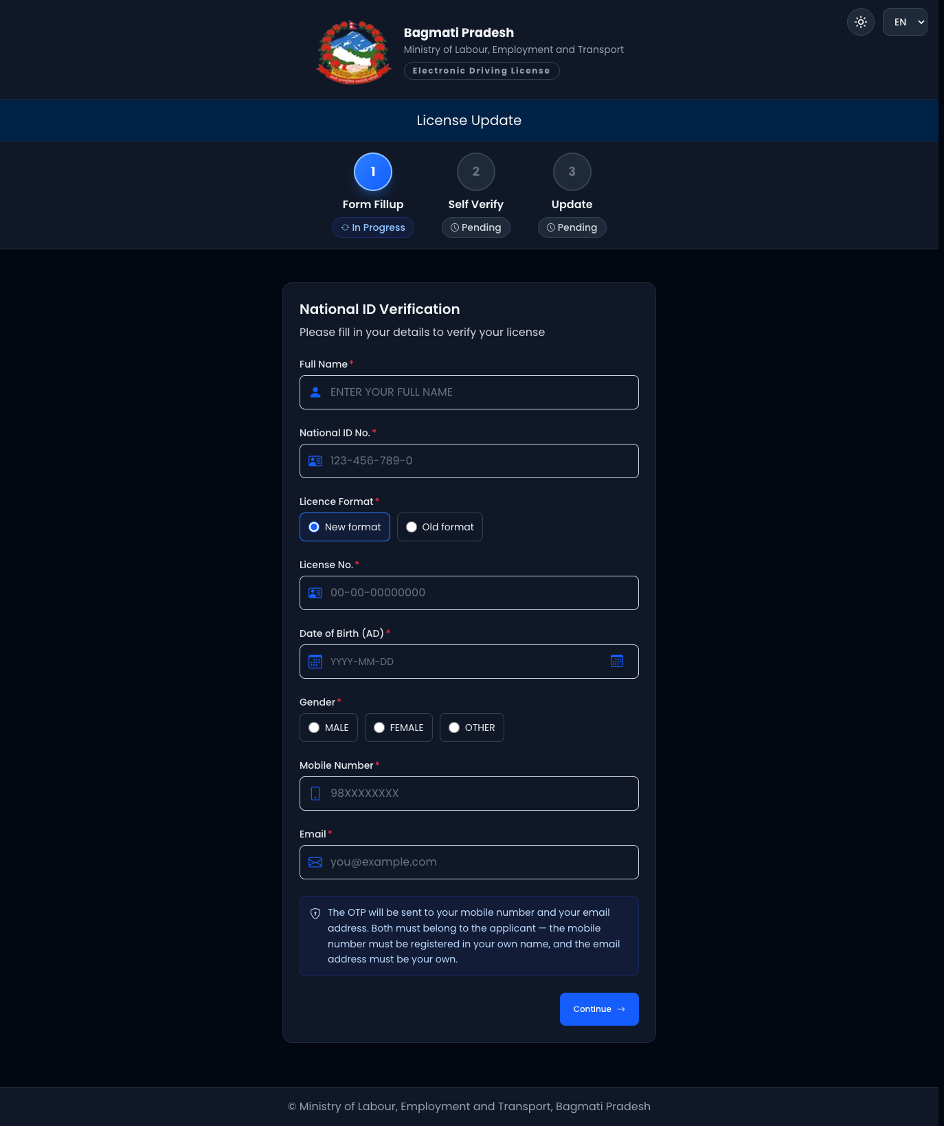 Licence update — NID verification (EN)